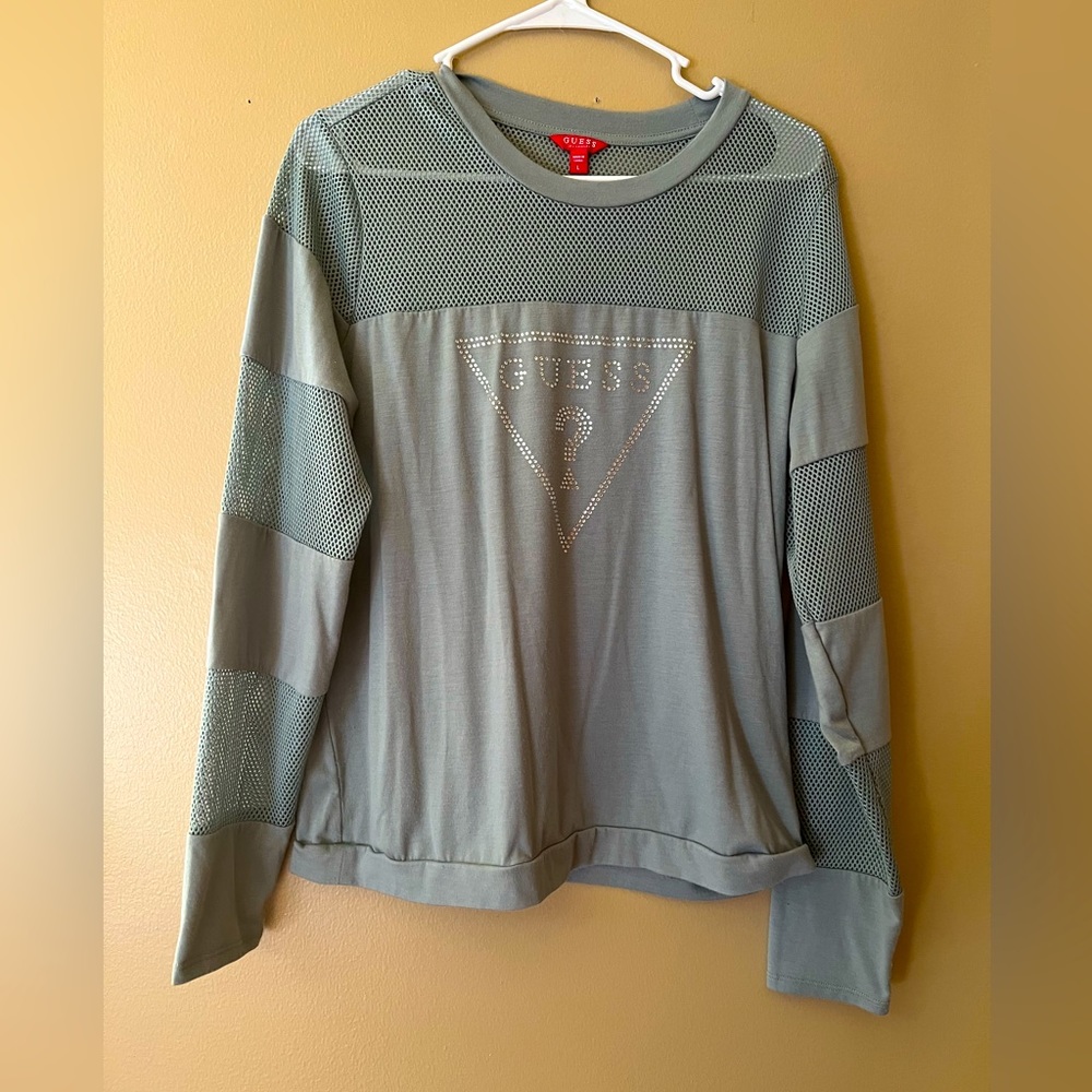 Guess Logo Sage Green Long Sleeve Tee with Rhinestones & Cut Outs